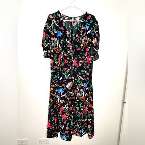 A New Day Floral Puff Sleeve Ruched Maxi Dress 2X Black Multicolor Cottagecore